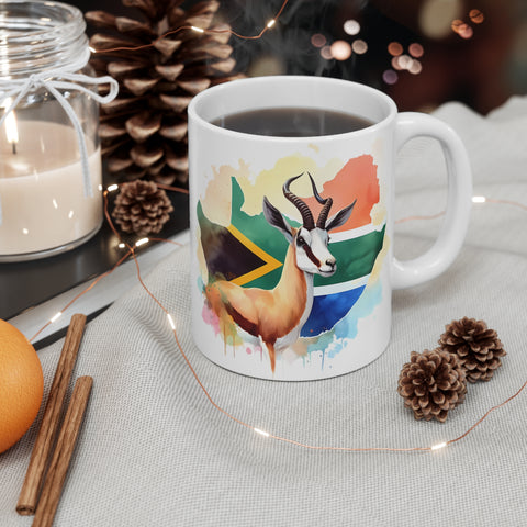 South African Flag with map and springbok/buck/antelope 11oz White Mug - 1 Mug Shows both sides