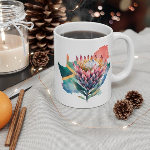 South African Flag in map with Protea 11oz White Mug - 1 Mug Shows both sides