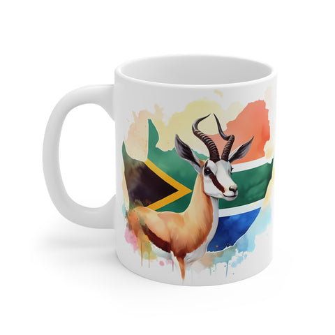 South African Flag with map and springbok/buck/antelope 11oz White Mug - 1 Mug Shows both sides