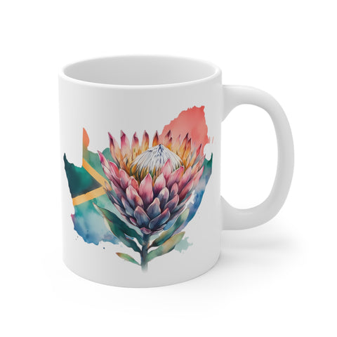 South African Flag in map with Protea 11oz White Mug - 1 Mug Shows both sides