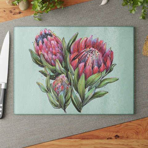 Glass Cutting Board South African Protea