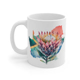 South African Flag in map with Protea 11oz White Mug - 1 Mug Shows both sides