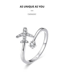 Airplane and star ring Adjustable Rings Authentic 925 Sterling Silver Platinum plated Stackable Open Size Rings For Women