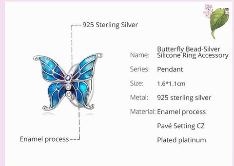 Butterfly Charm Nature 925 Silver Charm Silicone insert European style Bracelet, Necklace charm, 925 Charm Gifts for her