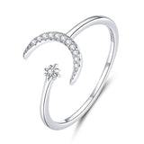 Moon and stars ring Adjustable Rings Authentic 925 Sterling Silver Platinum plated Stackable Open Size Rings For Women