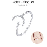 Moon and stars ring Adjustable Rings Authentic 925 Sterling Silver Platinum plated Stackable Open Size Rings For Women