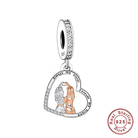 Sisters Forever Heart charm Friends Charms 925 Silver Charm European style Bracelet , Necklace Charm, 925 Charm