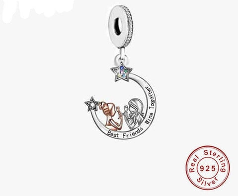 Two Girl Promise Best Friends Forever Wine Together Charms 925 Silver Charm European style Bracelet , Necklace Charm, 925 Charm