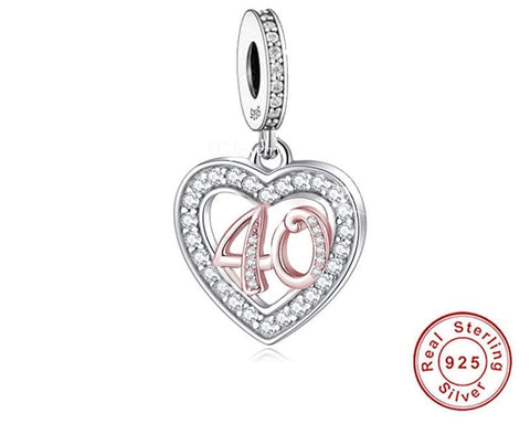 40th Birthday Celebration, 925 Sterling Silver 40th Birthday Dangle Charm Bead Landmark Birthday Fits all Charm Bracelets 40th heart charm