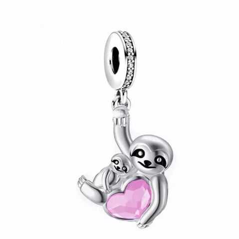 Hanging Sloth and Baby Charm European style Bracelets,925 Sterling Silver,Sloth Necklace Pendant,Sloth Jewelry,Sloth Gift,Sloth Heart Charm