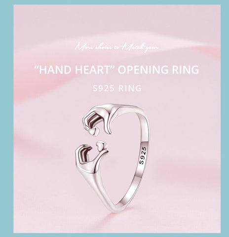 Romantic Hand Heart ring Adjustable Rings Authentic 925 Sterling Silver Stackable Open Size Rings For Women