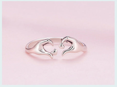 Romantic Hand Heart ring Adjustable Rings Authentic 925 Sterling Silver Stackable Open Size Rings For Women