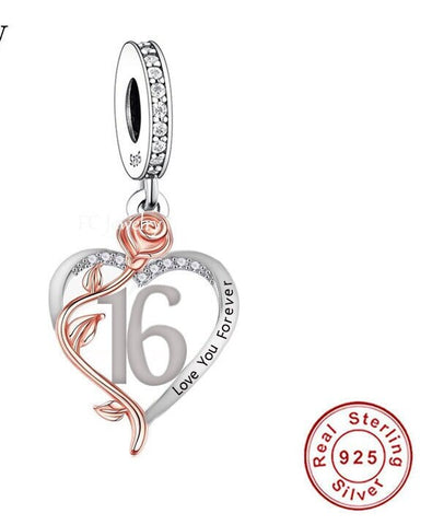 Sweet 16th Birthday 925 Sterling Silver 16th Birthday Dangle Charm Bead Landmark Birthday Fits all Charm Bracelets Heart charm