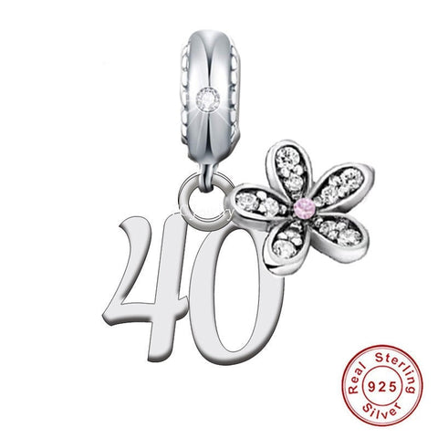 40th Birthday Celebration, 925 Sterling Silver 40th Birthday Dangle Charm Bead Landmark Birthday Fits all Charm Bracelets 40th heart charm