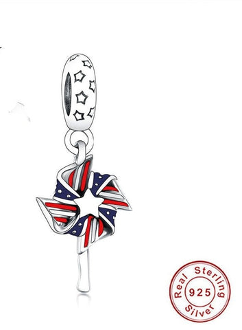 USA Flag charm, Stars and Stripes Enamel Windmill Pinwheel Love America Charm  925 Silver Charm European style Bracelet Necklace charm