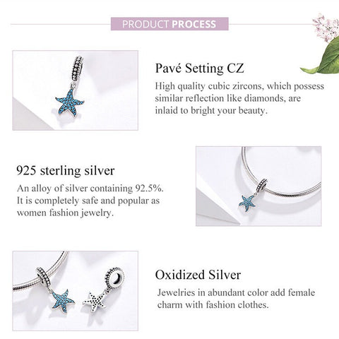 Starfish CZ stones Beach Sea charm European style Charm Sterling Silver Charm, Bracelet Necklace Charm, 925 Charm