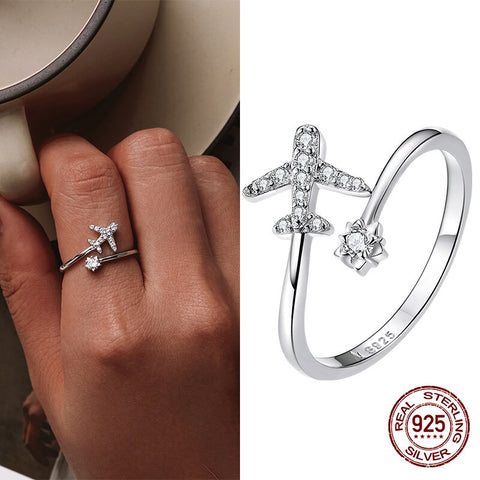 Airplane and star ring Adjustable Rings Authentic 925 Sterling Silver Platinum plated Stackable Open Size Rings For Women