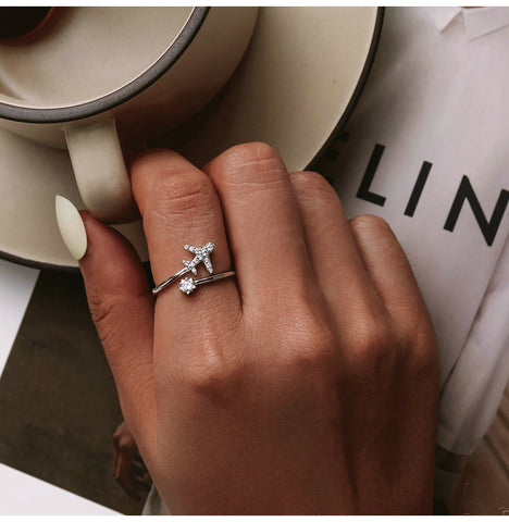 Airplane and star ring Adjustable Rings Authentic 925 Sterling Silver Platinum plated Stackable Open Size Rings For Women