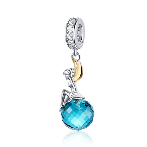 Elf Planet Blue Zircon Charm 925 Silver Charm Platinum plated European style Bracelet, Necklace Charm, 925 Charm Gifts for her