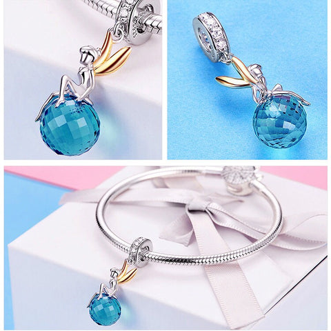 Elf Planet Blue Zircon Charm 925 Silver Charm Platinum plated European style Bracelet, Necklace Charm, 925 Charm Gifts for her