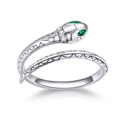 Snake with green eyes ring Adjustable Rings Authentic 925 Sterling Silver Platinum plated Stackable Open Size Rings For Women