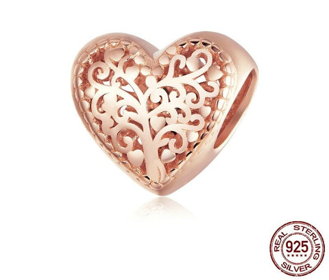 Sterling Silver 925 Rose Gold Color Tree of Life Heart Charm  European style Bracelet, Necklace Love Heart  Love Jewelry, Love Gift