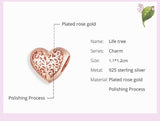 Sterling Silver 925 Rose Gold Color Tree of Life Heart Charm  European style Bracelet, Necklace Love Heart  Love Jewelry, Love Gift