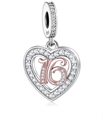 Sweet 16th Birthday 925 Sterling Silver 16th Birthday Dangle Charm Bead Landmark Birthday Fits all Charm Bracelets Heart charm