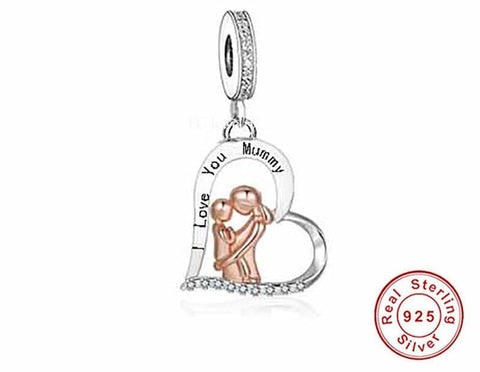 I love you Mommy New baby and daughter Charms 925 Silver Charm European style Bracelet , Necklace Charm 925 Charm Heart charm