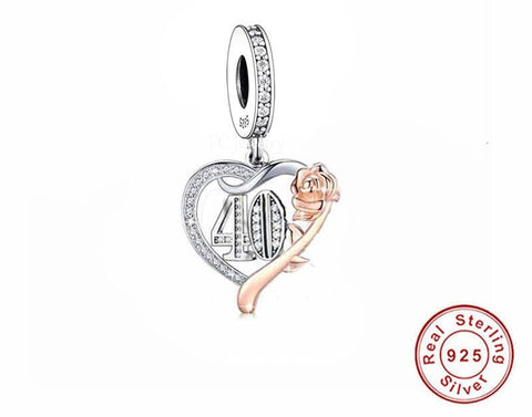 40th Birthday Celebration, 925 Sterling Silver 40th Birthday Dangle Charm Bead Landmark Birthday Fits all Charm Bracelets 40th heart charm