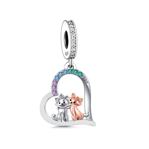 Two-tone Best Friends Cat Heart Dangle Charm, 925 Sterling Silver Cat Jewelry Cat Lover Gift, Cat Memorial Keepsake Cute Cat Bracelet Charm