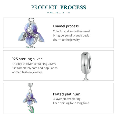 Purple Iris Flower charm, Flower Iris 925 Silver Charm European style Bracelet , Necklace Charm, 925 Charm, Gifts for her