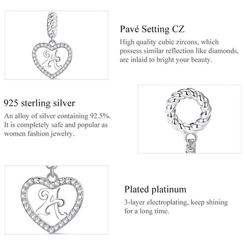 Alphabet Letter G Heart Dangle Charm 925 Silver Charm European style Bracelet , Necklace Charm, 925 Charm, Gifts for her