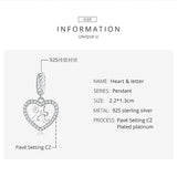 Alphabet Letter M Heart Dangle Charm 925 Silver Charm European style Bracelet , Necklace Charm, 925 Charm, Gifts for her