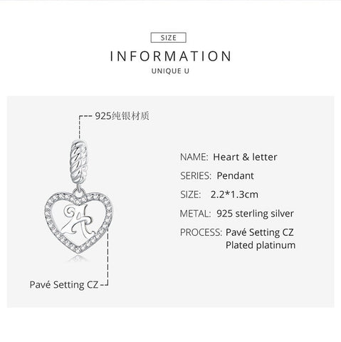 Alphabet Letter M Heart Dangle Charm 925 Silver Charm European style Bracelet , Necklace Charm, 925 Charm, Gifts for her