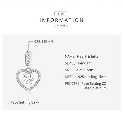 Alphabet Letter A Heart Dangle Charm 925 Silver Charm European style Bracelet , Necklace Charm, 925 Charm, Gifts for her