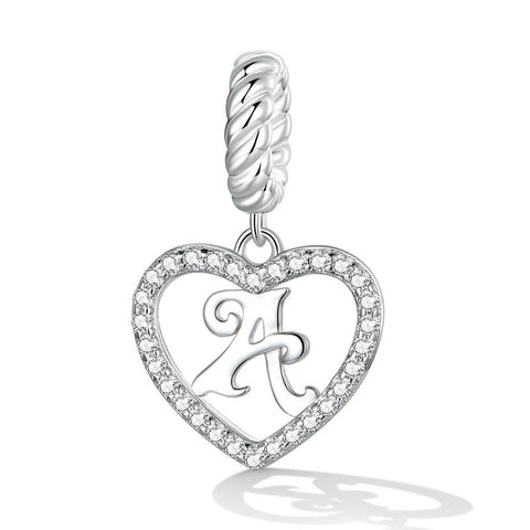 Alphabet Letter A Heart Dangle Charm 925 Silver Charm European style Bracelet , Necklace Charm, 925 Charm, Gifts for her