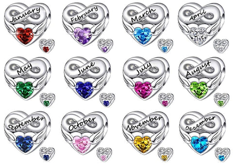 Heart Birthstone Charms- Cubic Zirconia Multi Color Gemstones Silver Birth Month Cute Infinity Charm,European style Chamilia