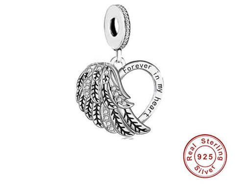 Angel wings charm, Angel charm Memorial Jewelry Gift "Forever in my Heart " 925 Silver Charm European style Bracelet, 925 Charm