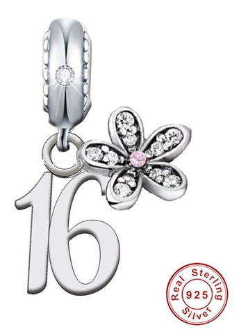 Sweet 16th Birthday 925 Sterling Silver 16th Birthday Dangle Charm Bead Landmark Birthday Fits all Charm Bracelets Heart charm