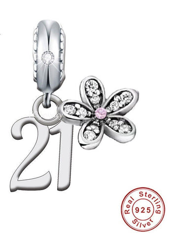 21st Birthday Celebration, 925 Sterling Silver 21st Birthday Dangle Charm Bead Landmark Birthday Fits all Charm Bracelets 21st heart charm