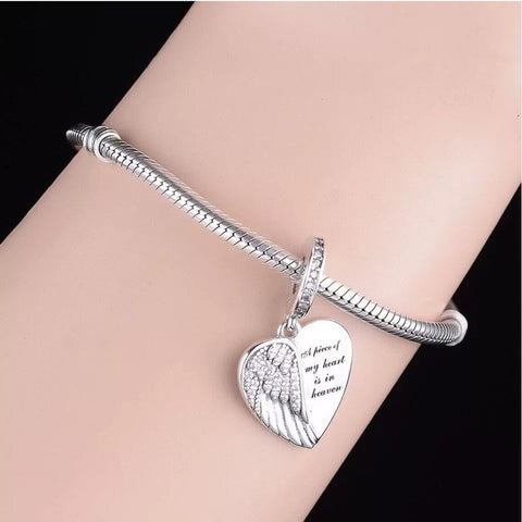 Angel wings charm A Piece of my Heart is in Heaven Memorial Charms Fit Bracelet, 925 Sterling Silver, In Memory Of, Loss Sympathy Jewelry