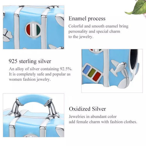 Blue Enamel Suitcase Charm Pendant 925 Sterling Silver, European style and European Bracelets and Necklaces, DIY Jewelry