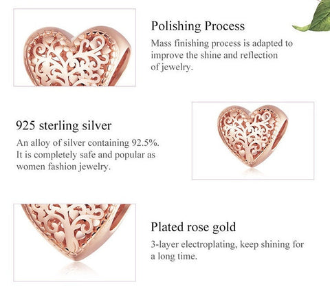 Sterling Silver 925 Rose Gold Color Tree of Life Heart Charm  European style Bracelet, Necklace Love Heart  Love Jewelry, Love Gift