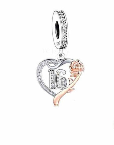 Sweet 16th Birthday 925 Sterling Silver 16th Birthday Dangle Charm Bead Landmark Birthday Fits all Charm Bracelets Heart charm