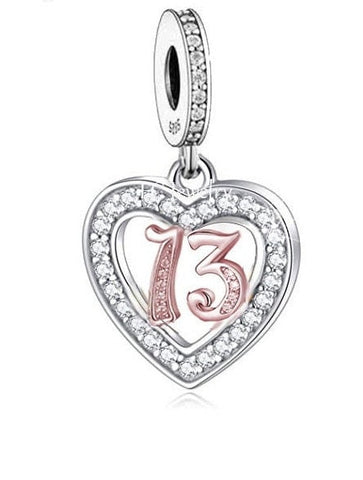 Teenager Birthday 13th Birthday 925 Sterling Silver 13th Birthday Dangle Charm Bead Landmark Birthday Fits all Charm Bracelets Heart charm