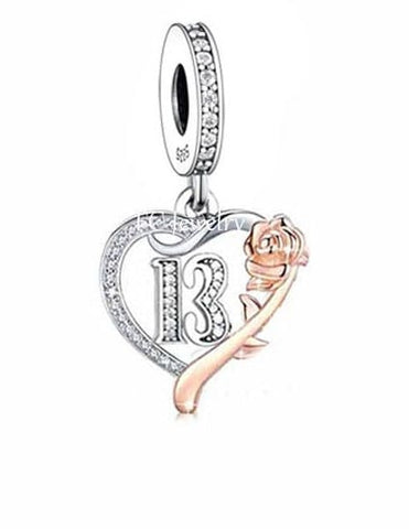 Teenager Birthday 13th Birthday 925 Sterling Silver 13th Birthday Dangle Charm Bead Landmark Birthday Fits all Charm Bracelets Heart charm