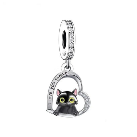 I Love You Forever Black Cat Charms  925 Sterling Silver, Cat Jewelry, Cat Lover Gift, Cat Memorial Keepsake,Cute Cat Bracelet Charms