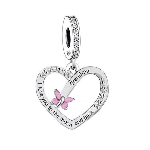 Grandma Heart Charm I Love You to the Moon & Back Heart 925 Silver Charm European style Bracelet, Necklace charm