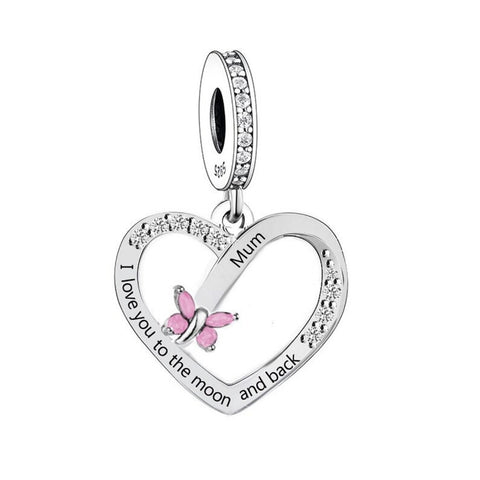 Mum Heart Charm I Love You to the Moon & Back Heart 925 Silver Charm European style Bracelet, Necklace charm